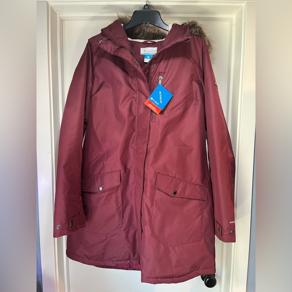 Womens XL Columbia Suttle Mountain Long Insulated Jacket Rich Wine Hood New Tag